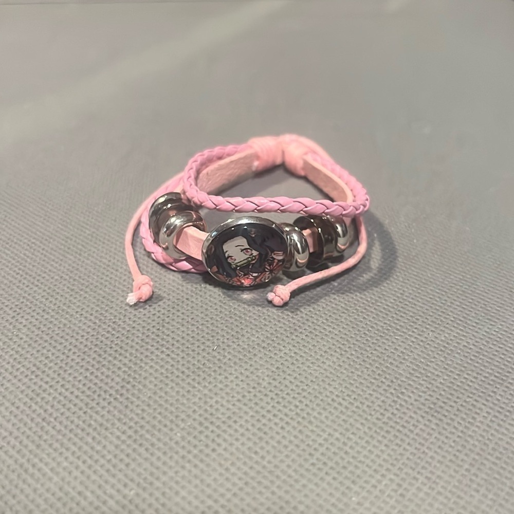 Demon Slayer Nezuko Pink adjustable Braided Bracelet with Silver Accents